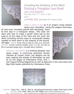 Lisa Daehlin teaches Knitting a Lace Triangle at Knitty City, April 17, 2010